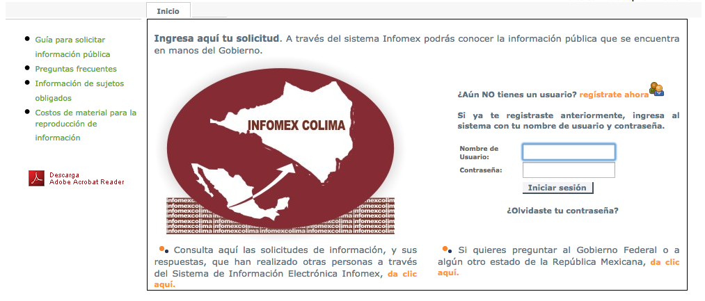 Ejemplo de la plataforma INFOMEX COLIMA